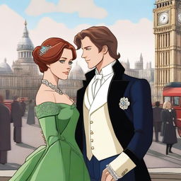 A prince with brown hair and green eyes standing in London, accompanied by a woman with red-brown hair and blue eyes