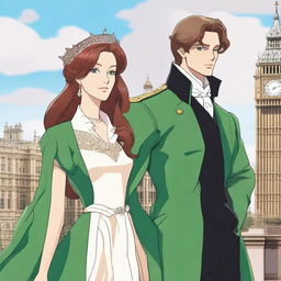 A prince with brown hair and green eyes standing in London, accompanied by a woman with red-brown hair and blue eyes