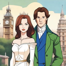 A prince with brown hair and green eyes standing in London, accompanied by a woman with red-brown hair and blue eyes