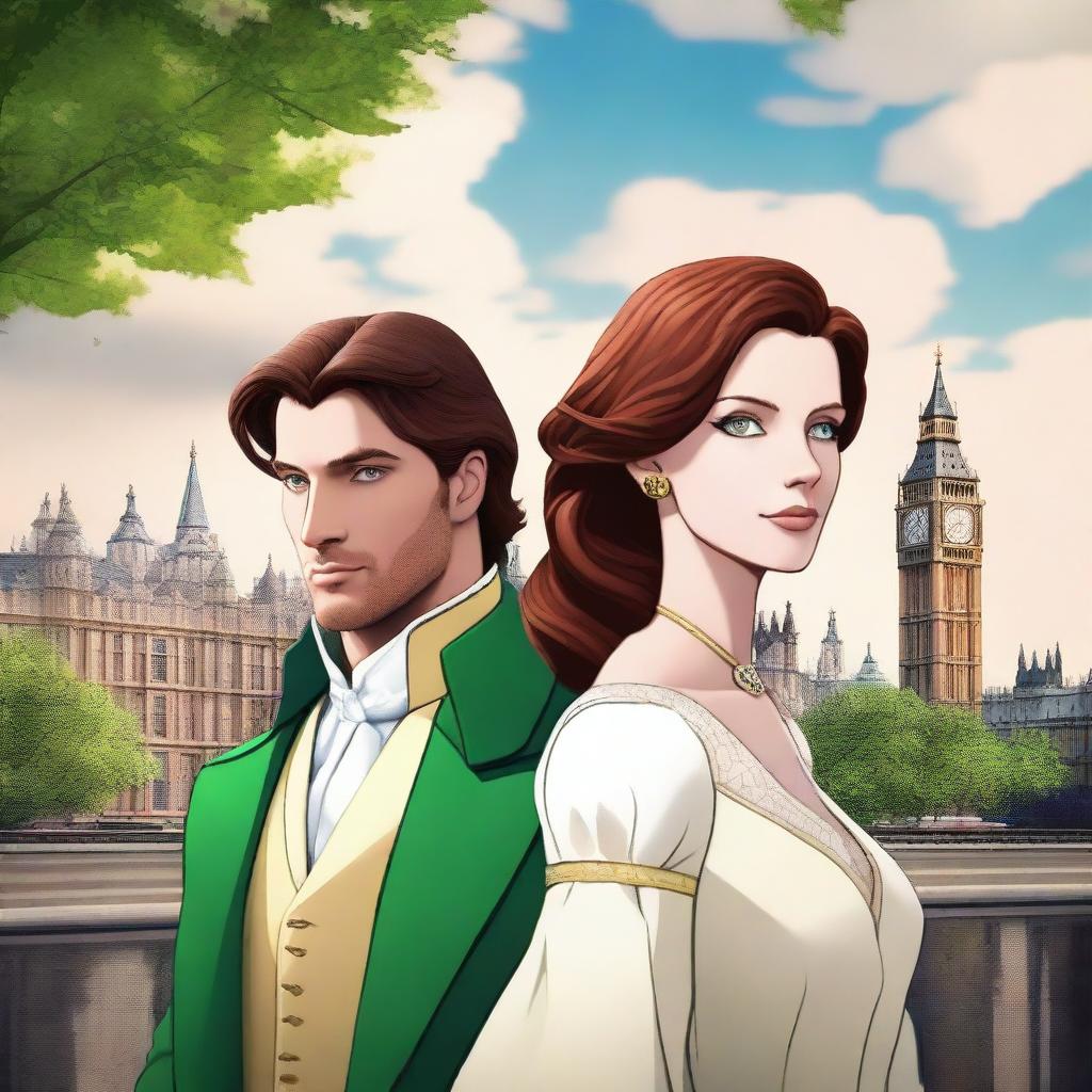 A prince with brown hair and green eyes standing in London, accompanied by a woman with red-brown hair and blue eyes