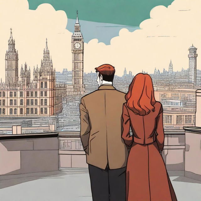 A man with brown hair in a black suit and a woman with red hair in a brown coat standing with their backs to the viewer in London