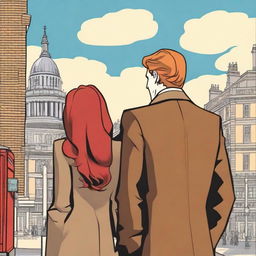 A man with brown hair in a black suit and a woman with red hair in a brown coat standing with their backs to the viewer in London