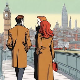 A man with brown hair in a black suit and a woman with red hair in a brown coat standing with their backs to the viewer in London