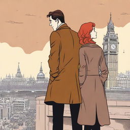 A man with brown hair in a black suit and a woman with red hair in a brown coat standing with their backs to the viewer in London