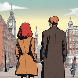 A man with brown hair in a black suit and a woman with red hair in a brown coat standing with their backs to the viewer in London