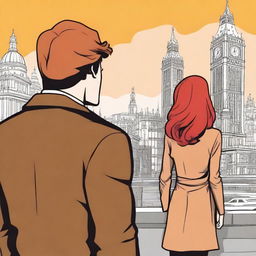 A man with brown hair in a black suit and a woman with red hair in a brown coat standing with their backs to the viewer in London