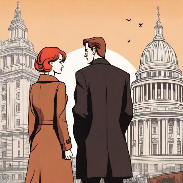 A man with brown hair in a black suit and a woman with red hair in a brown coat standing with their backs to the viewer in London