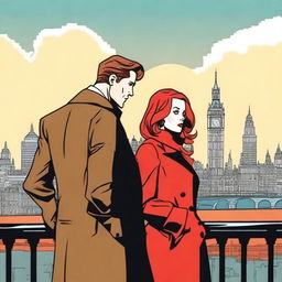 A man with brown hair in a black suit and a woman with red hair in a brown coat standing with their backs to the viewer in London