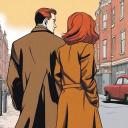 A man in a black suit with brown hair and a woman with red hair in a brown coat standing with their backs to the viewer