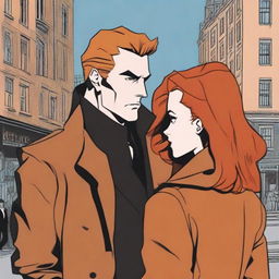 A man in a black suit with brown hair and a woman with red hair in a brown coat standing with their backs to the viewer