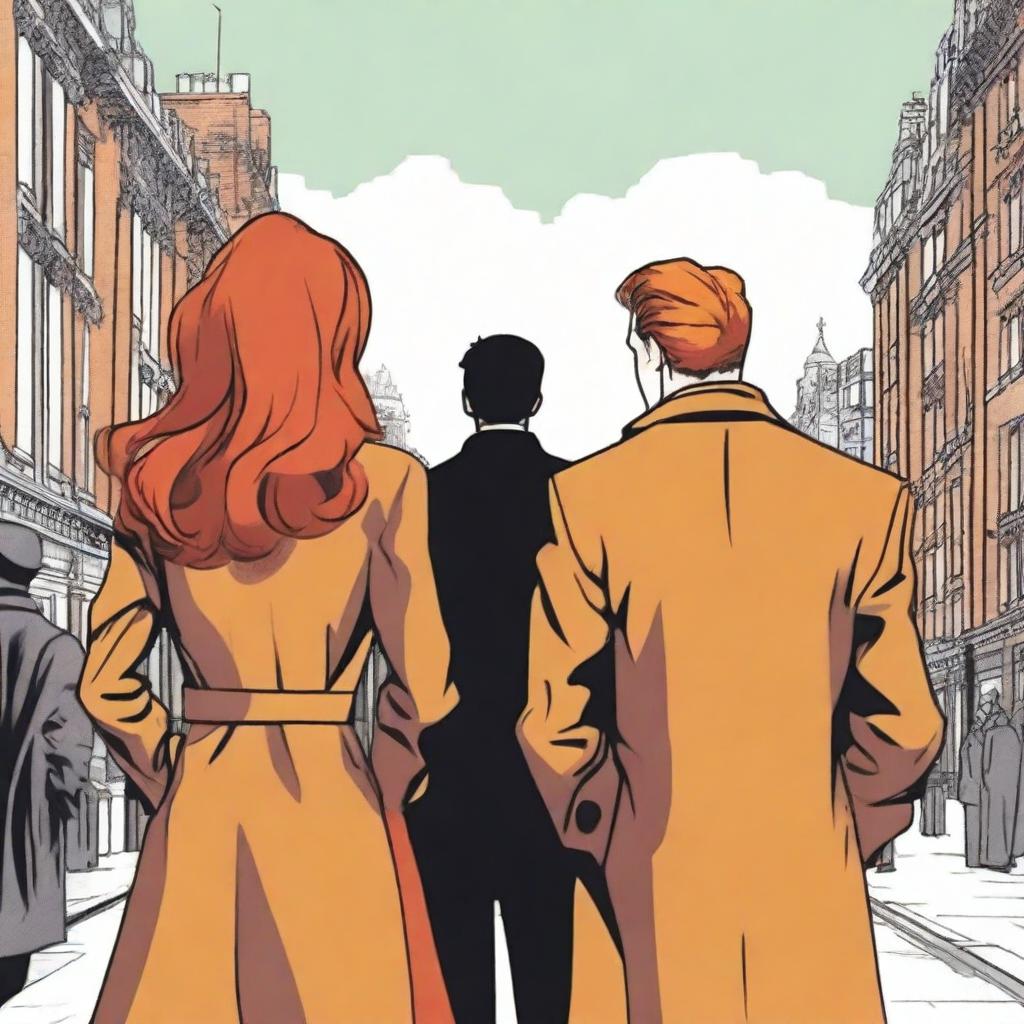 A man in a black suit with brown hair and a woman with red hair in a brown coat standing with their backs to the viewer