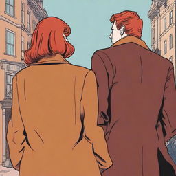 A man in a black suit with brown hair and a woman with red hair in a brown coat standing with their backs to the viewer