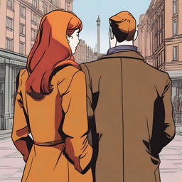 A man in a black suit with brown hair and a woman with red hair in a brown coat, standing with their backs to the viewer