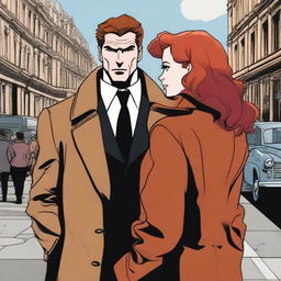 A man in a black suit with brown hair and a woman with red hair in a brown coat, standing with their backs to the viewer