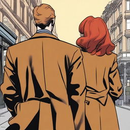 A man in a black suit with brown hair and a woman with red hair in a brown coat, standing with their backs to the viewer