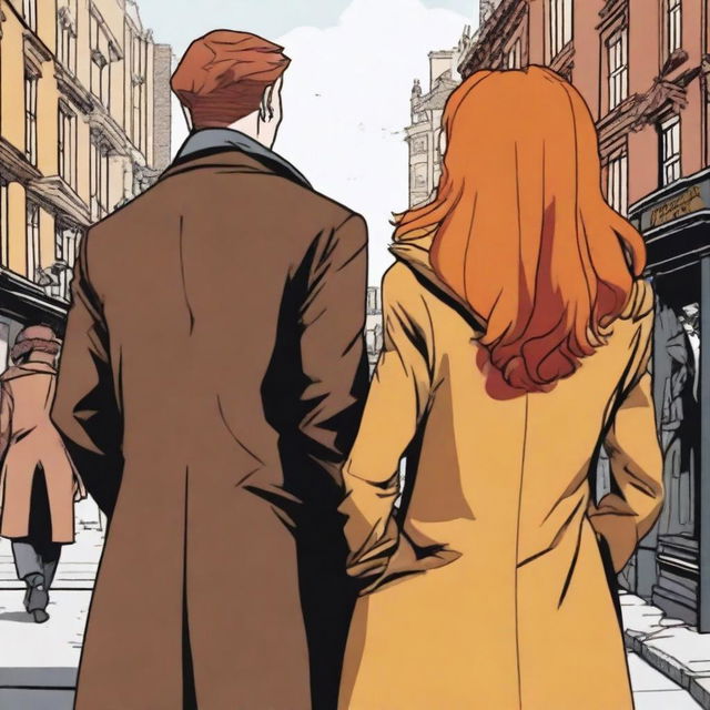 A man in a black suit with brown hair and a woman with red hair in a brown coat, standing with their backs to the viewer