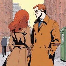 A man in a black suit with brown hair and a woman with red hair in a brown coat, standing with their backs to the viewer