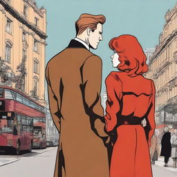 A man in a black suit with brown hair and a woman with red hair in a brown coat, standing with their backs to the viewer