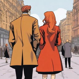 A man in a black suit with brown hair and a woman with red hair in a brown coat, standing with their backs to the viewer