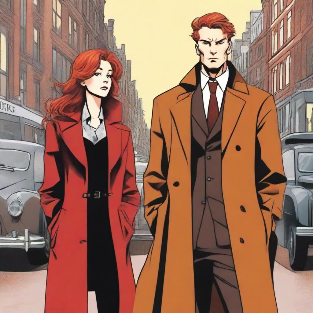 A man in a black suit with brown hair and a woman with red hair in a brown coat, standing with their backs to the viewer