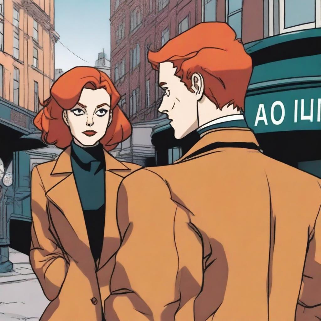 A man in a black suit with brown hair and a woman with red hair in a brown coat, standing with their backs to the viewer