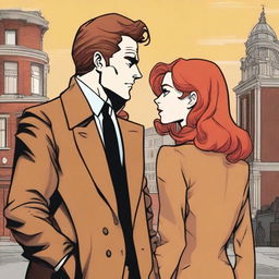 A man in a black suit with brown hair and a woman with red hair in a brown coat, standing with their backs to the viewer