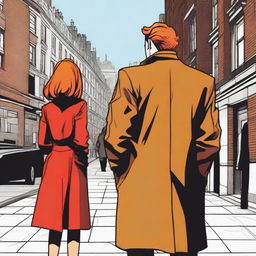 A man in a black suit with brown hair and a woman with red hair in a brown coat, standing with their backs to the viewer