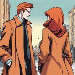 A man in a black suit with brown hair and a woman with red hair in a brown coat, standing with their backs to the viewer