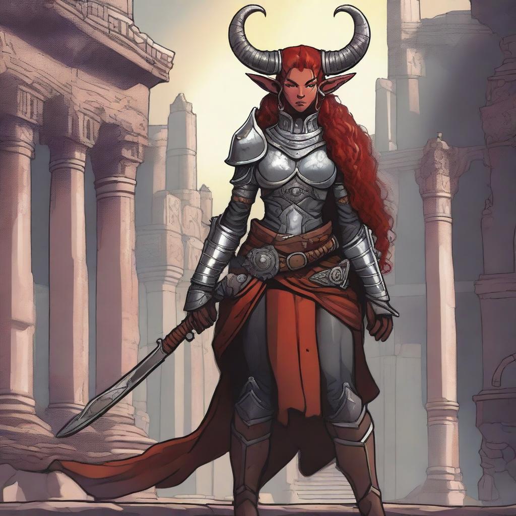 A detailed illustration of a Tiefling female artificer standing cold and confident