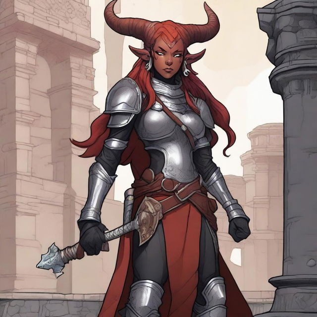 A detailed illustration of a Tiefling female artificer standing cold and confident