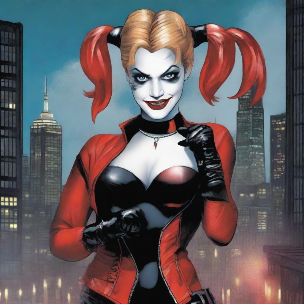 A detailed illustration of Harley Quinn, the iconic character from DC Comics