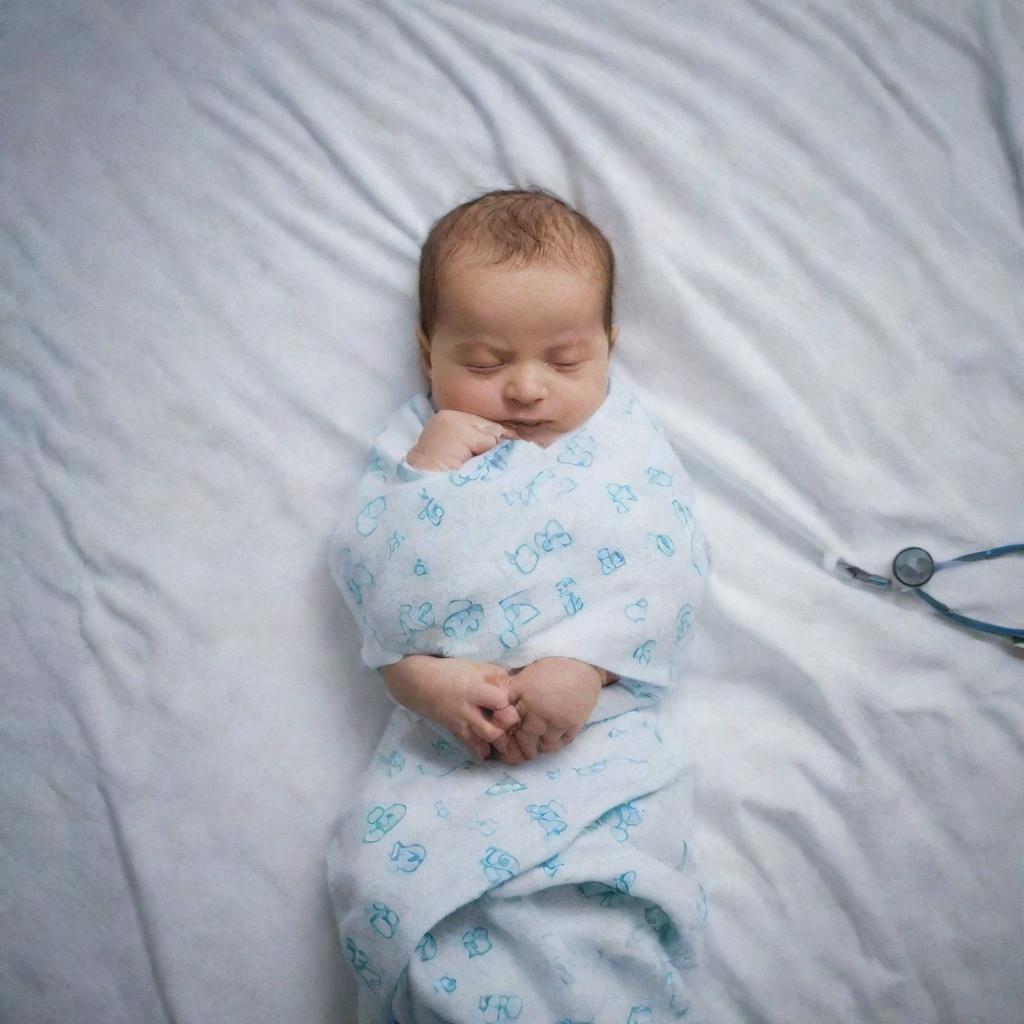 A newborn Iranian baby boy swaddled in soft, warm blankets. His engineer dad and doctor mom represented with subtle symbols such as a stethoscope and blueprints, showing their professions.