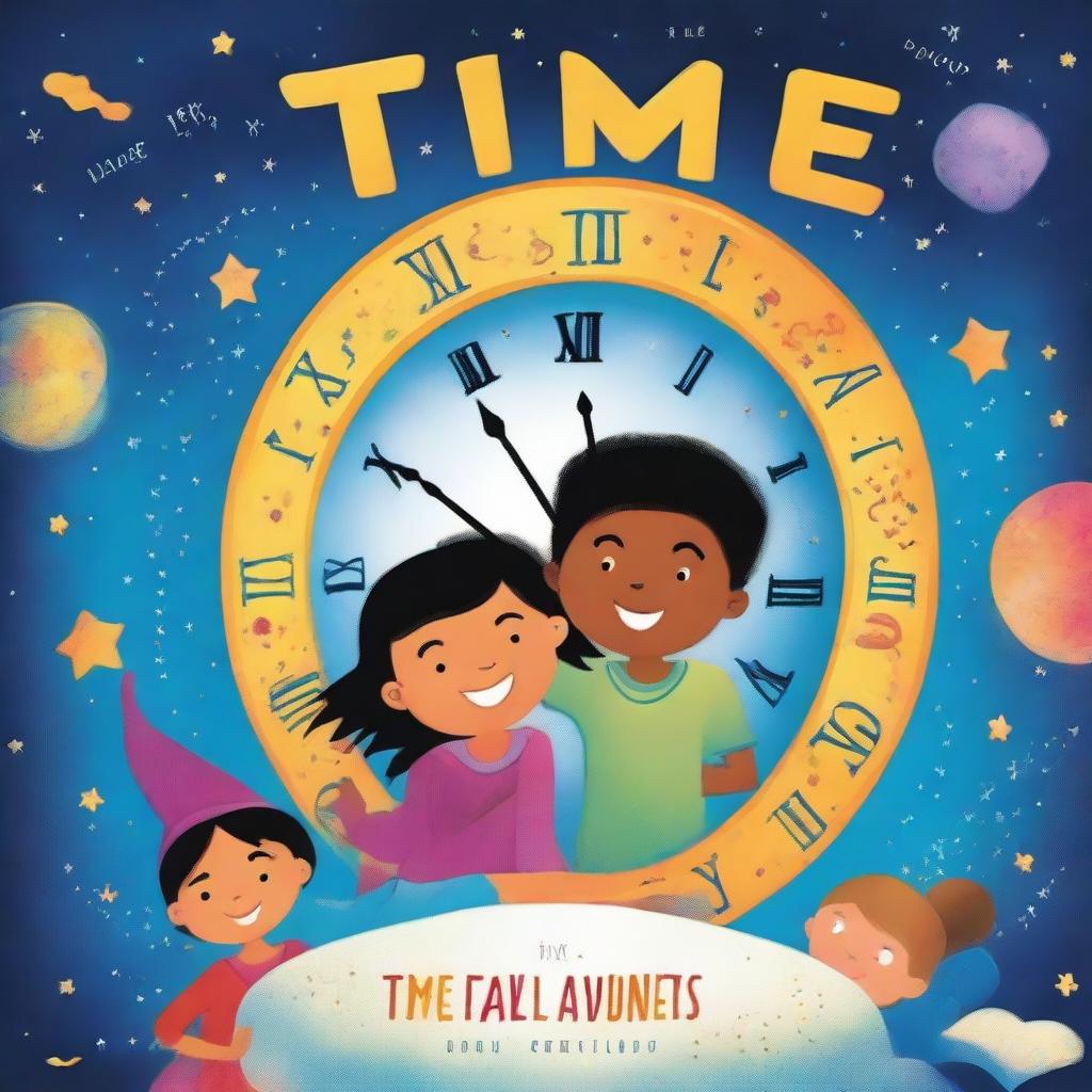 Create a bright and eye-catching book cover for 'Time Travel Adventures