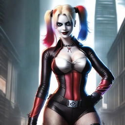 A realistic and sexy depiction of Harley Quinn, featuring her in a seductive pose