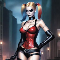 A realistic and sexy depiction of Harley Quinn, featuring her in a seductive pose