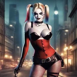 A realistic and sexy depiction of Harley Quinn, featuring her in a seductive pose