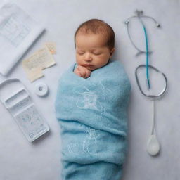 A newborn Iranian baby boy swaddled in soft, warm blankets. His engineer dad and doctor mom represented with subtle symbols such as a stethoscope and blueprints, showing their professions.