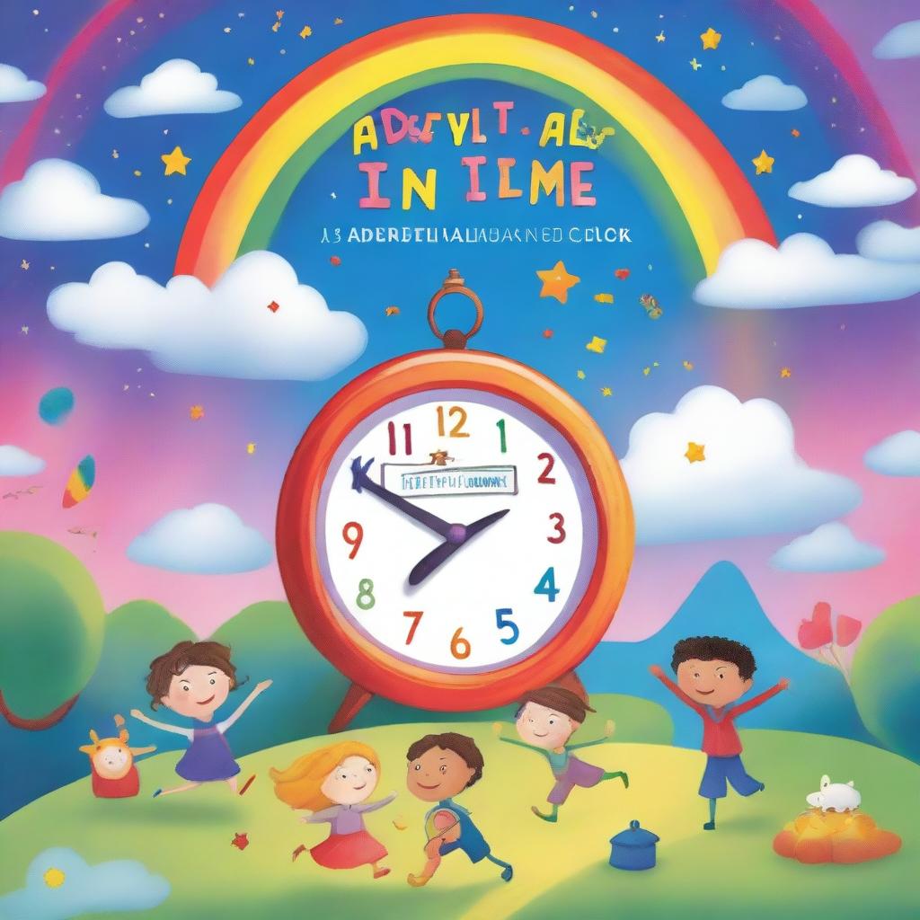 A whimsical children's book cover featuring a magical clock, colorful characters, and playful elements