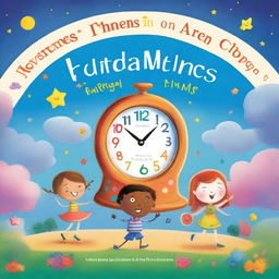 A whimsical children's book cover featuring a magical clock, colorful characters, and playful elements