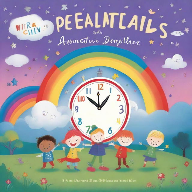 A whimsical children's book cover featuring a magical clock, colorful characters, and playful elements