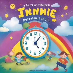 A whimsical children's book cover featuring a magical clock, colorful characters, and playful elements