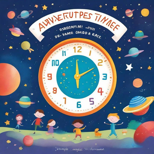 A whimsical children's book cover featuring a magical clock and a spaceship, with colorful characters exploring time and space