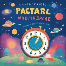 A whimsical children's book cover featuring a magical clock and a spaceship, with colorful characters exploring time and space