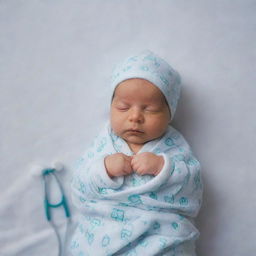 A newborn Iranian baby boy swaddled in soft, warm blankets. His engineer dad and doctor mom represented with subtle symbols such as a stethoscope and blueprints, showing their professions.