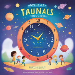 A whimsical children's book cover featuring a magical clock and a spaceship, with colorful characters exploring time and space