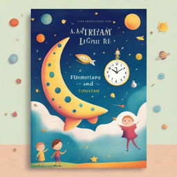 A whimsical children's book cover featuring a magical clock and a spaceship, with colorful characters exploring time and space