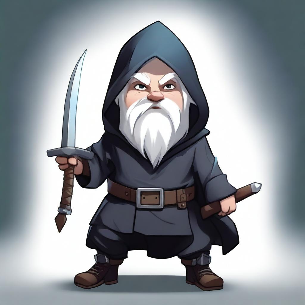 A young male deep gnome rogue with white hair, dressed in black clothes with a hood, holding two daggers in his hands