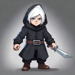 A young male deep gnome rogue with white hair, dressed in black clothes with a hood, holding two daggers in his hands