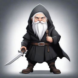 A young male deep gnome rogue with white hair, dressed in black clothes with a hood, holding two daggers in his hands