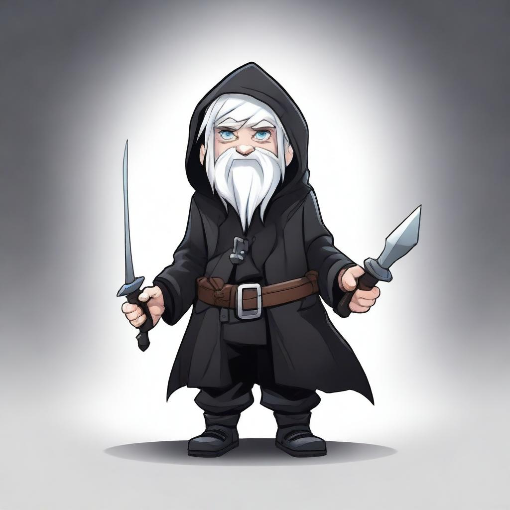 A young male deep gnome rogue with white hair, dressed in black clothes with a hood, holding two daggers in his hands